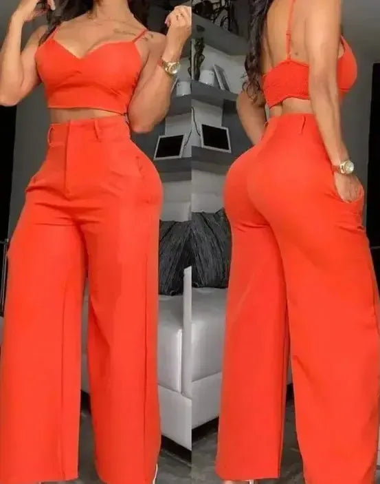 Women's Fashion Solid 2 Piece Sets Sexy V Neck Spaghetti Strap Short Tops-Outfit Set-Bennys Beauty World