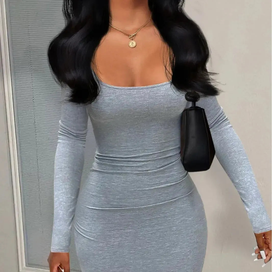 Women Dresses Long Sleeve Sheath Square Collar Slim Fit Dress Vestidos Slight Strech Streetwear Solid Sexy Wrap Buttocks-Bennys Beauty World