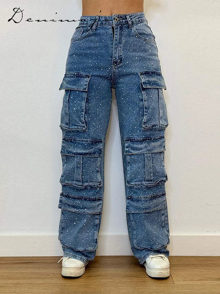 Rhinestones Jeans Women Multiple Pockets High Waist Pants