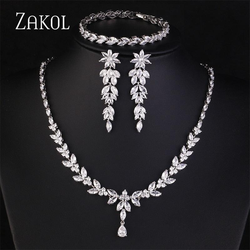 Zirconia Leaf Necklace Earrings Rings Bracelets Set for Women-necklace-Bennys Beauty World