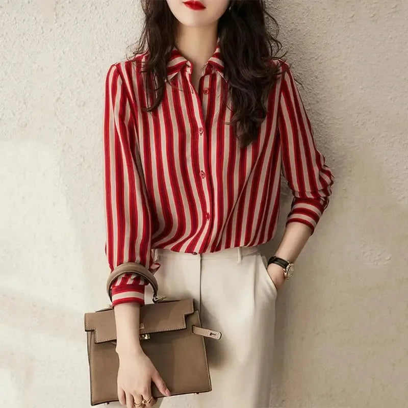 French Style Fashion Spring Shirts New Women's Polo-Neck Striped Single Breasted Simplicity Versatile Loose Long Sleeve Tops-Bennys Beauty World