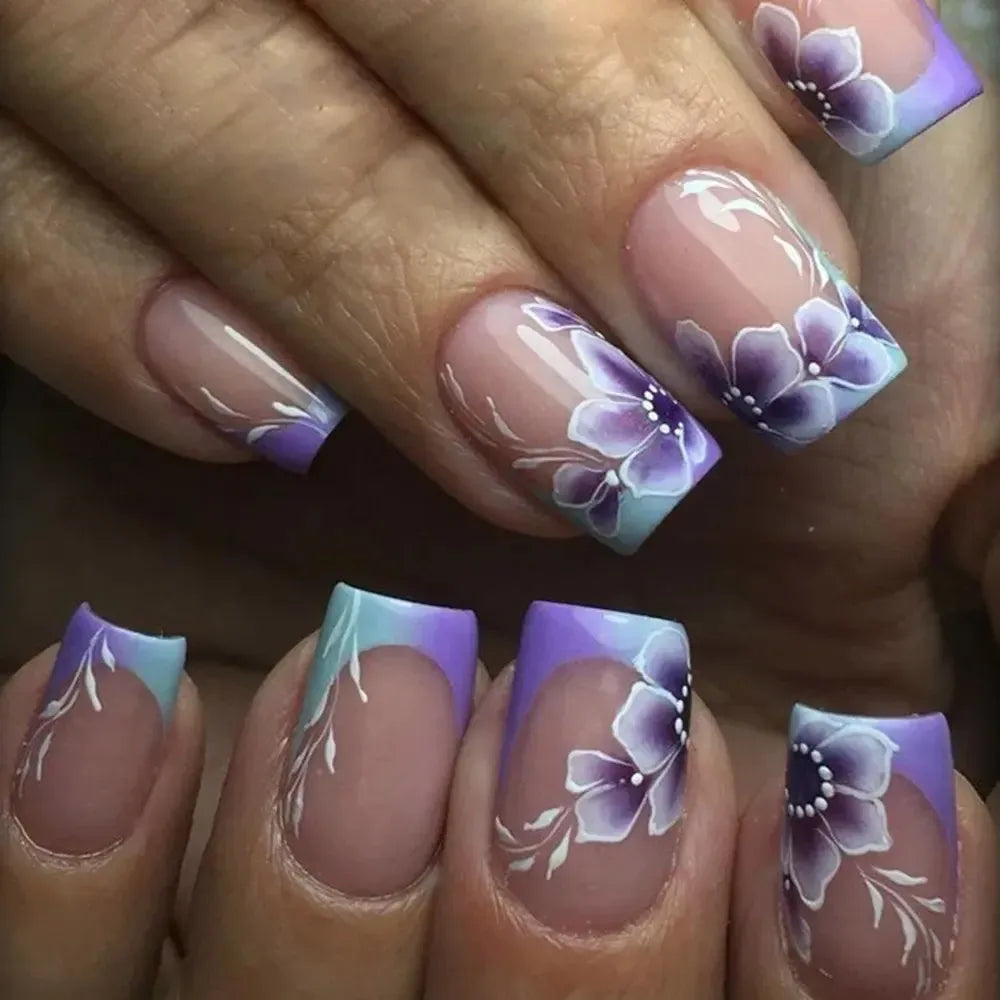 Long Coffin Press-On Nails – 24 Pcs Gradient Flower Design Reusable False Nails-Bennys Beauty World