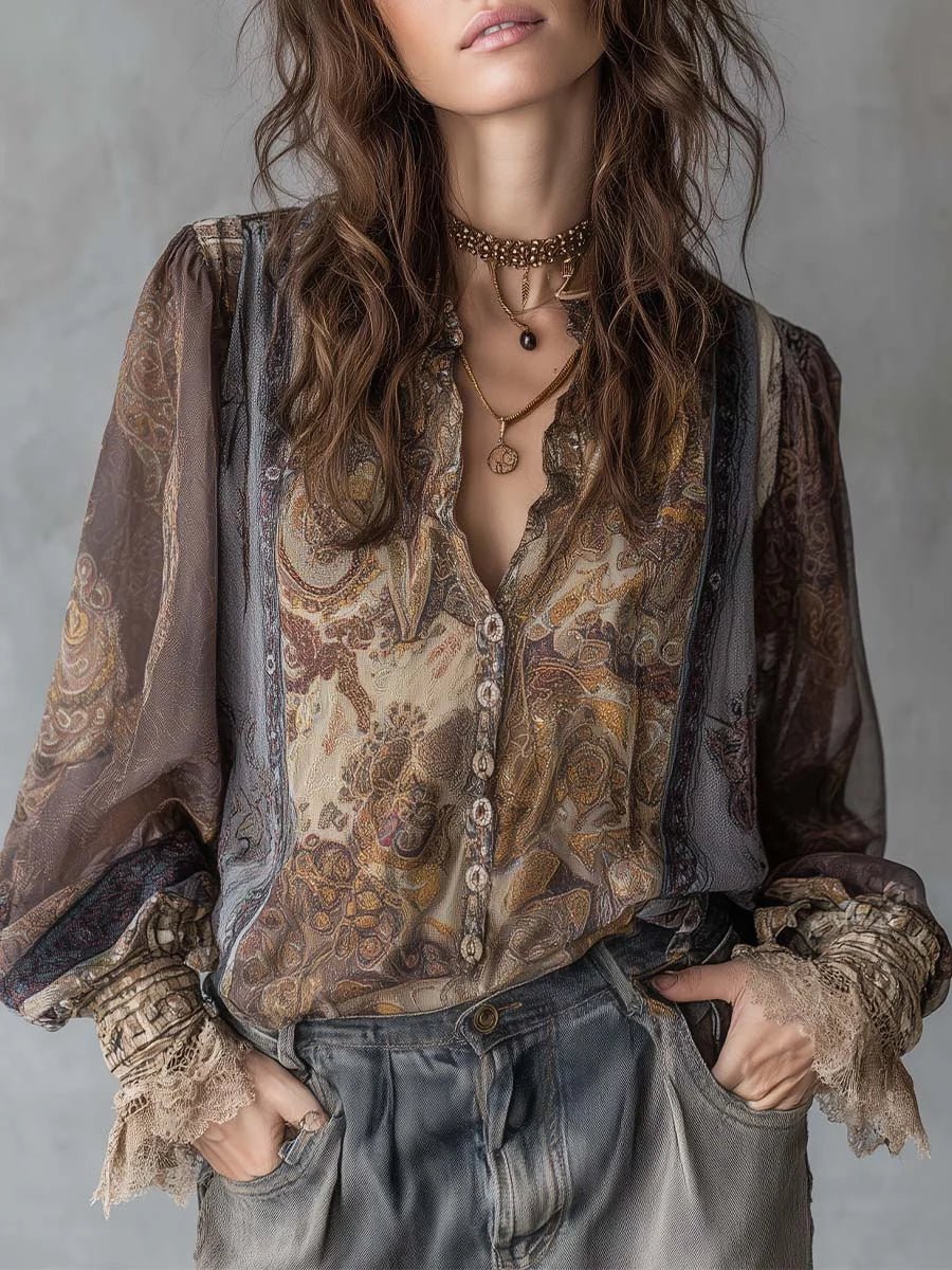 Women's Retro Paisley Print Loose Blouse | O - Neck Long Sleeve - Bennys Beauty World