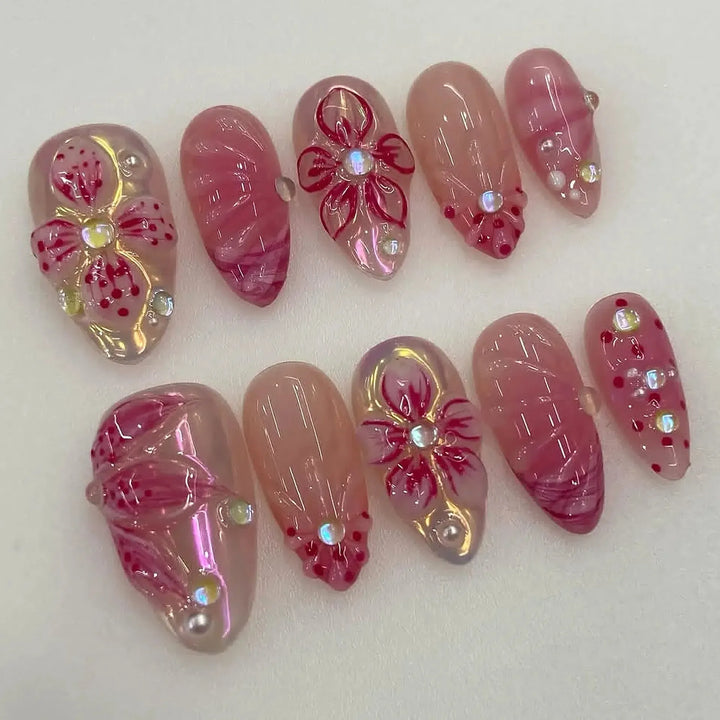 Gradient Pink Almond Press-On Nails – 24 Pcs Flower &amp; Pearl Design False Nails-Nails-Bennys Beauty World