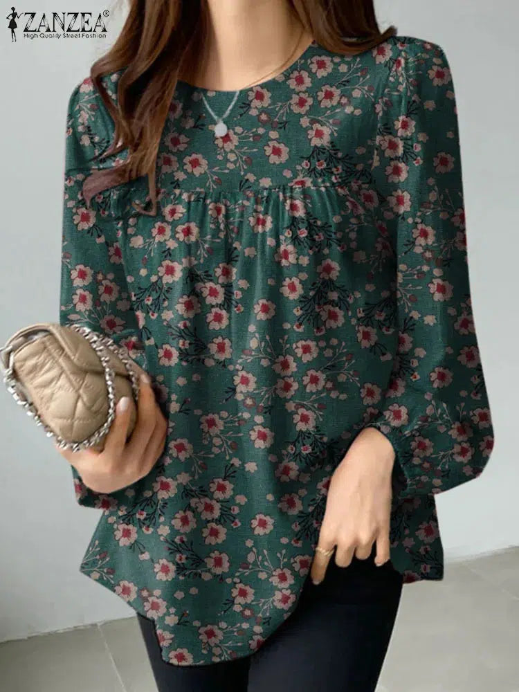 Women's Casual Floral Printed Blouse Puff Sleeve O-Neck Blouse-blouse-Bennys Beauty World