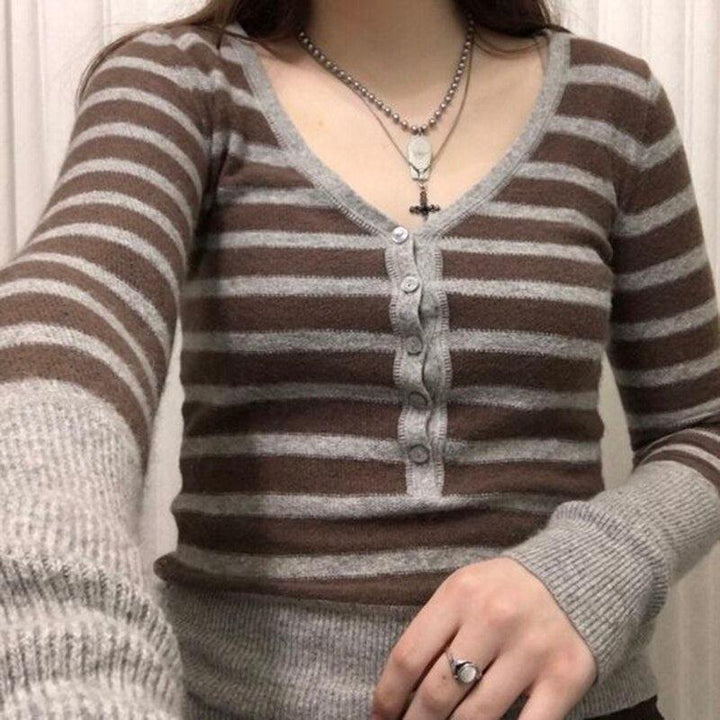 Vintage Knitted Sweater Cutest V Neck Long Sleeve Stripe Jumper-blouse-Bennys Beauty World