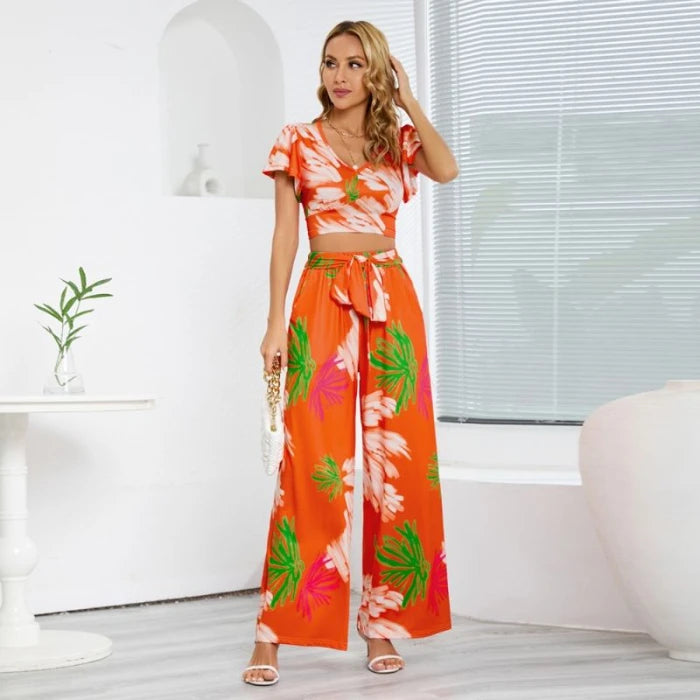 Women's summer V-neck lantern sleeve short top high waisted wide leg pants fashion casual set