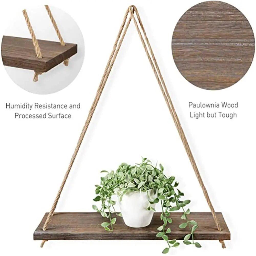 Premium Wood Swing Hanging Rope Wall Mounted Floating Shelves Plant Flower Pot Indoor Outdoor Decoration Simple Design Shelves-Arlik interiors