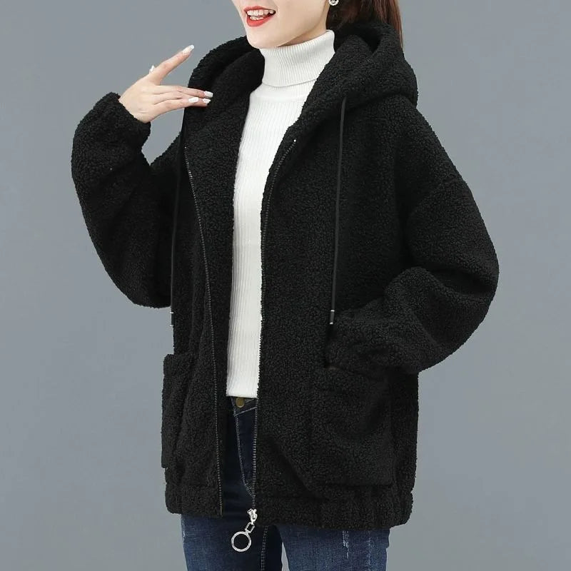 Women's Hooded Coat Chic Fleece Thick Solid Color Coat with Pockets