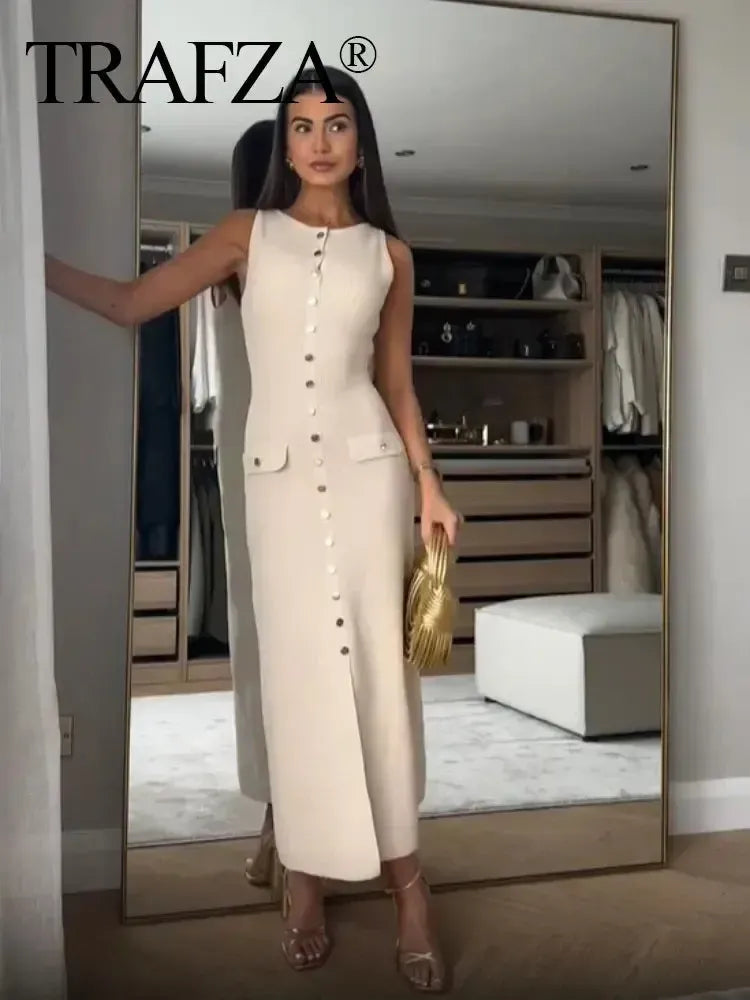 Women Elegant Solid Knitted Dress Single Breasted Dress-Dresses-Bennys Beauty World