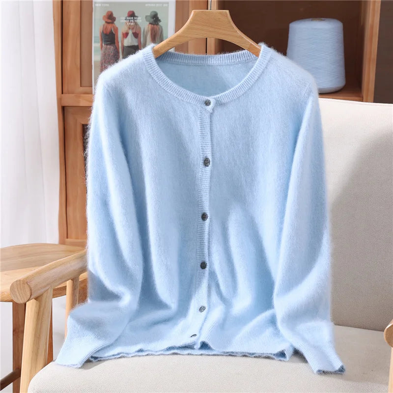 New Women 100% Mink Cashmere Sweater O-Neck Buttons Cardigan Autumn Winter Soft Warm Cable Kint Sweater Casual Long  Sleeve Tops