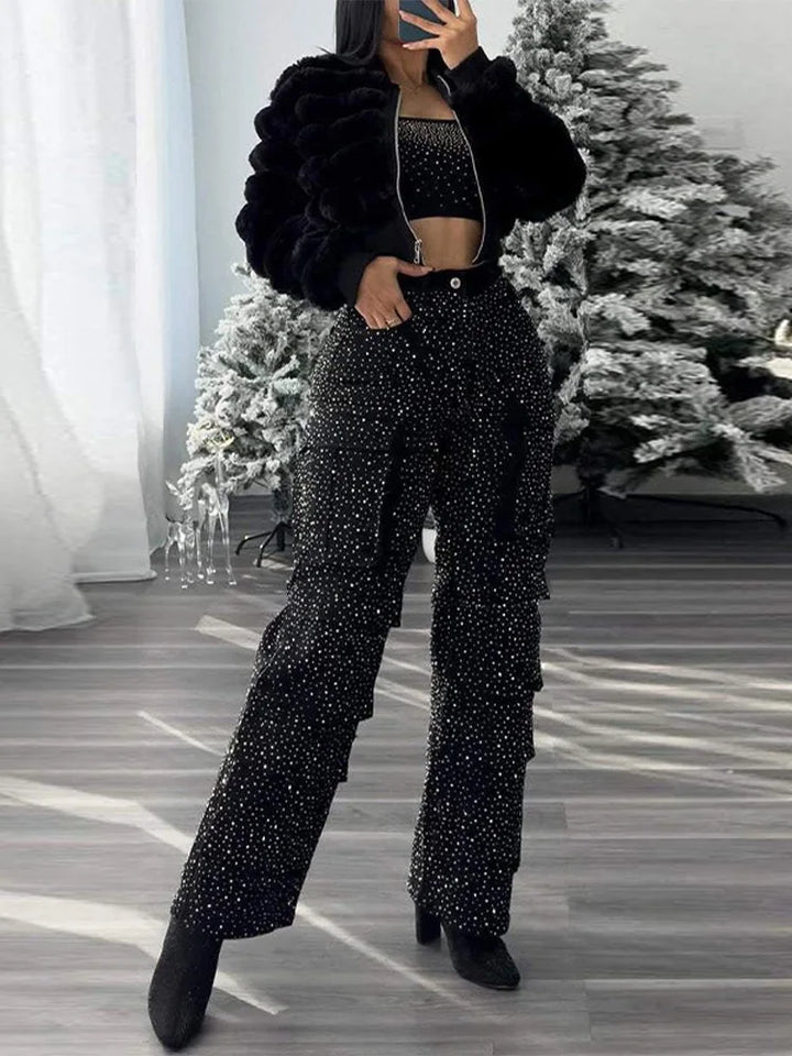 Rhinestones Jeans Women Multiple Pockets High Waist Pants