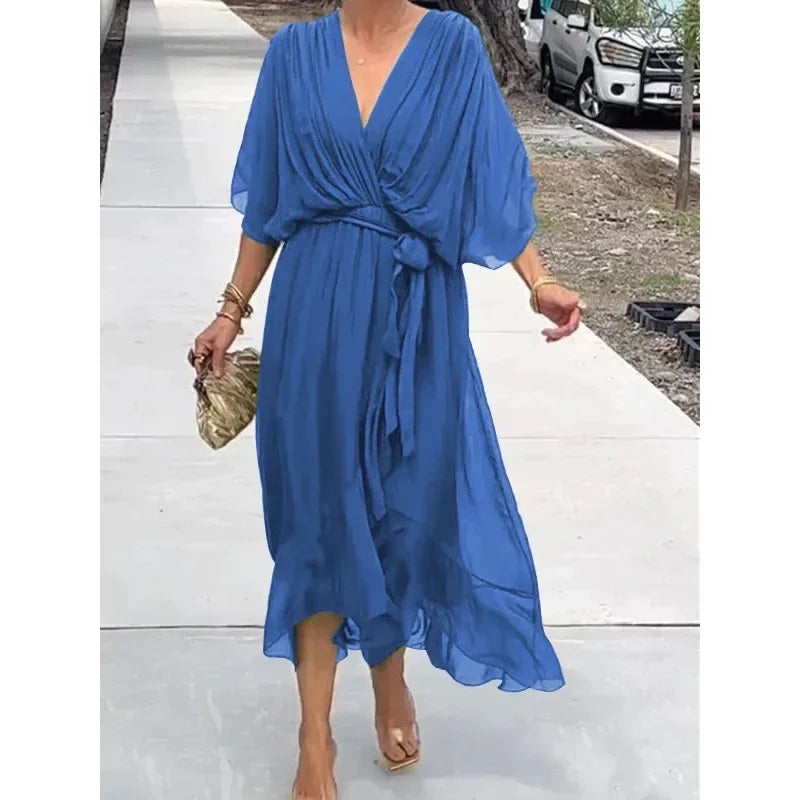 Women's Summer Dresses Solid Color Bat Sleeves Long Dress-Dresses-Bennys Beauty World
