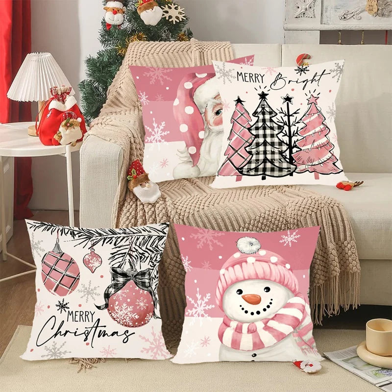 4 pcs. Pink Christmas Snowman Pillowcase