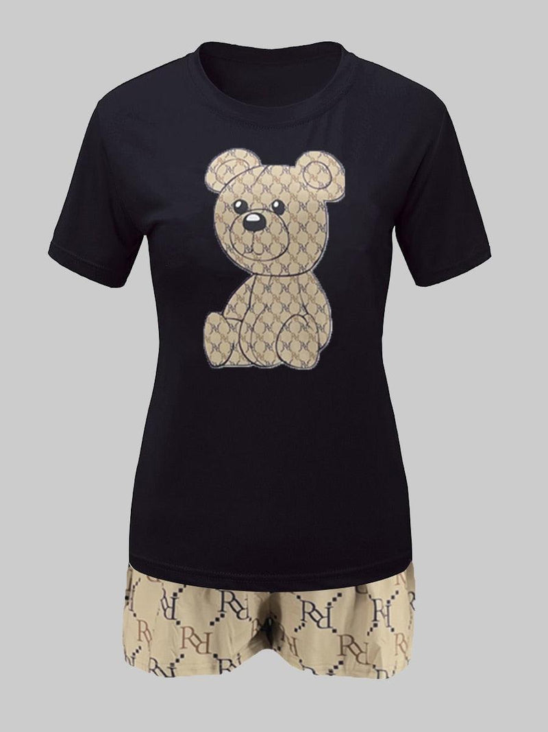 Geometric Bear Print Shorts Set O-Neck Short Sleeve Set-blouse-Bennys Beauty World
