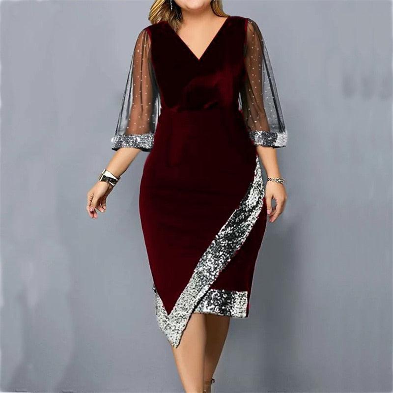 Women's Sequin Mesh Long Sleeve Asymmetrical Formal Dress-Dress-Bennys Beauty World