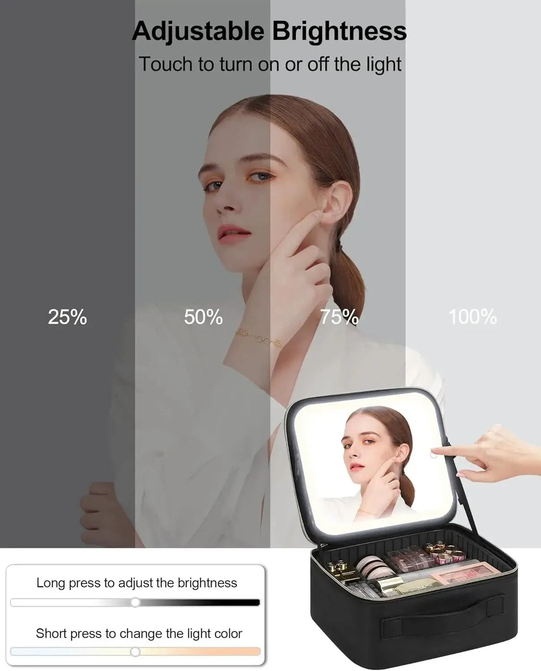 Makeup Organizer with Mirror Light 3 Adjustable Brightness-Cosmetic & Toiletry Bags-Bennys Beauty World