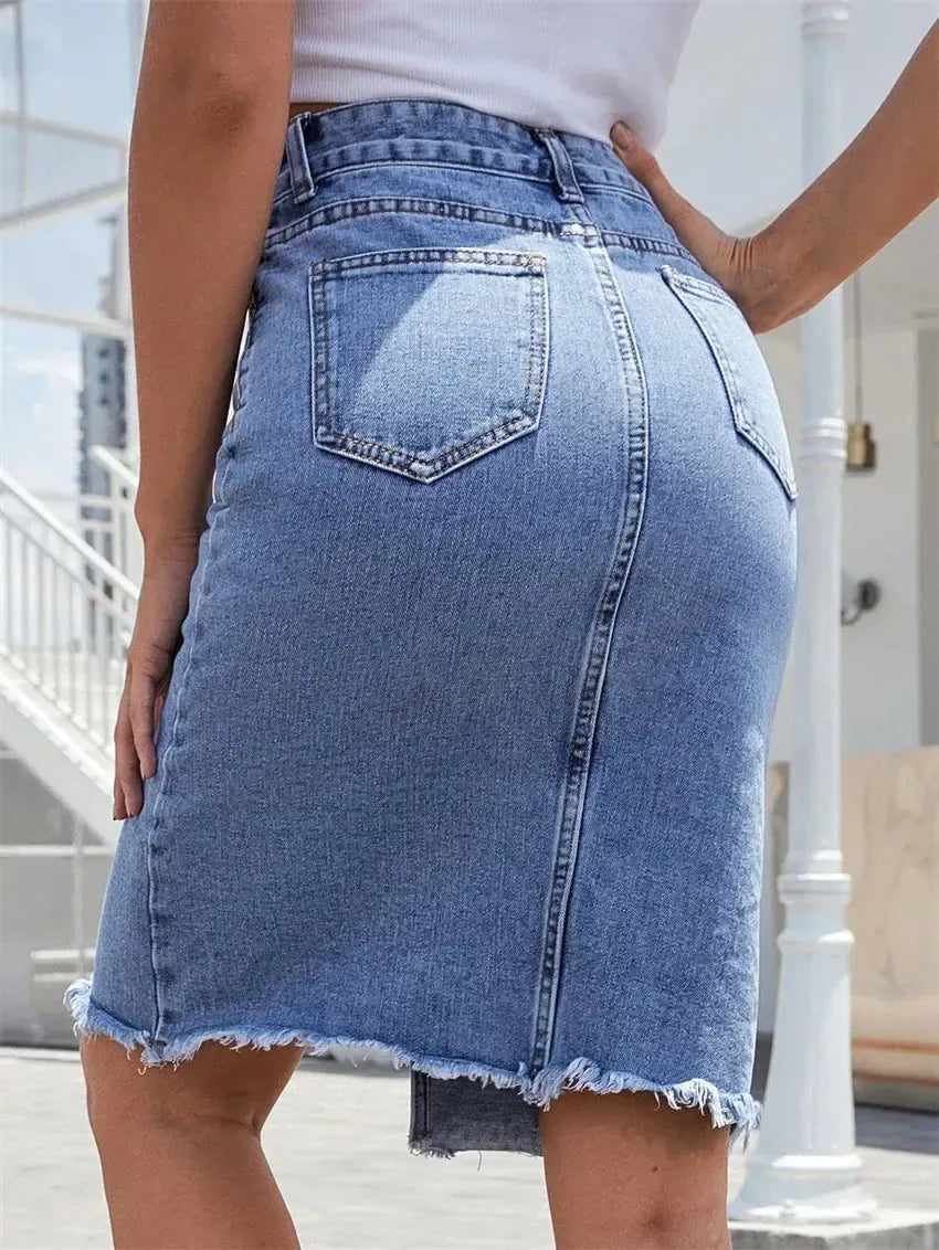 Blue Denim Midi Skirt for Women – High Waist A-Line Jean Skirt with Front Slit and Pockets-Skirt-Bennys Beauty World