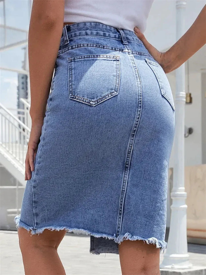 Blue Denim Midi Skirt for Women – High Waist A-Line Jean Skirt with Front Slit and Pockets-Skirt-Bennys Beauty World