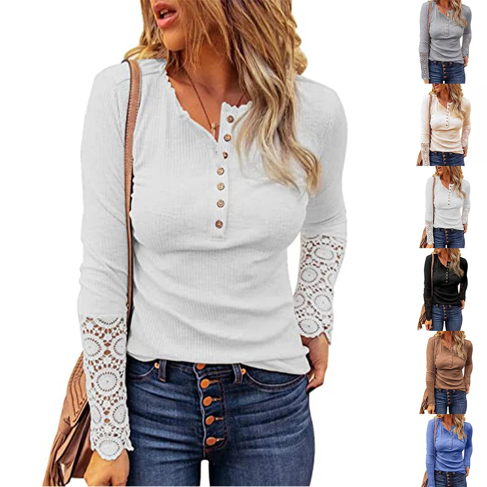 Women Long Sleeve Round Neck Solid Stitching Lace Loose T-shirt for Spring
