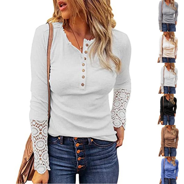 Women Long Sleeve Round Neck Solid Stitching Lace Loose T-shirt for Spring