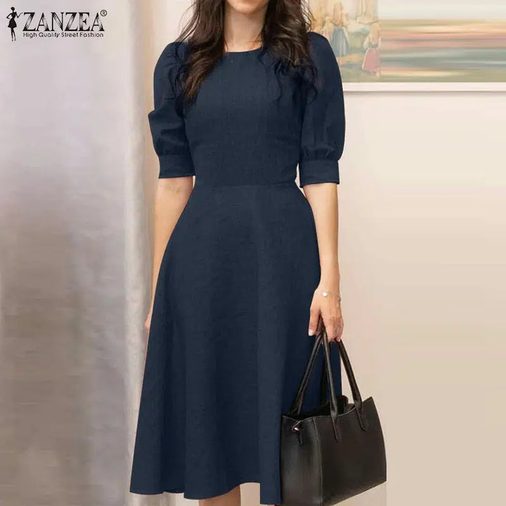 Women Summer Half Sleeve Slim A-line Dress-Dresses-Bennys Beauty World