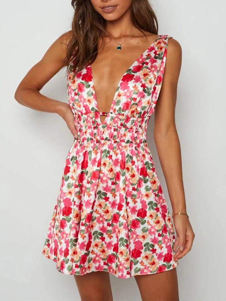 Womens Mini Dress Sleeveless V Neck Backless Flower Print Dress-Dress-Bennys Beauty World