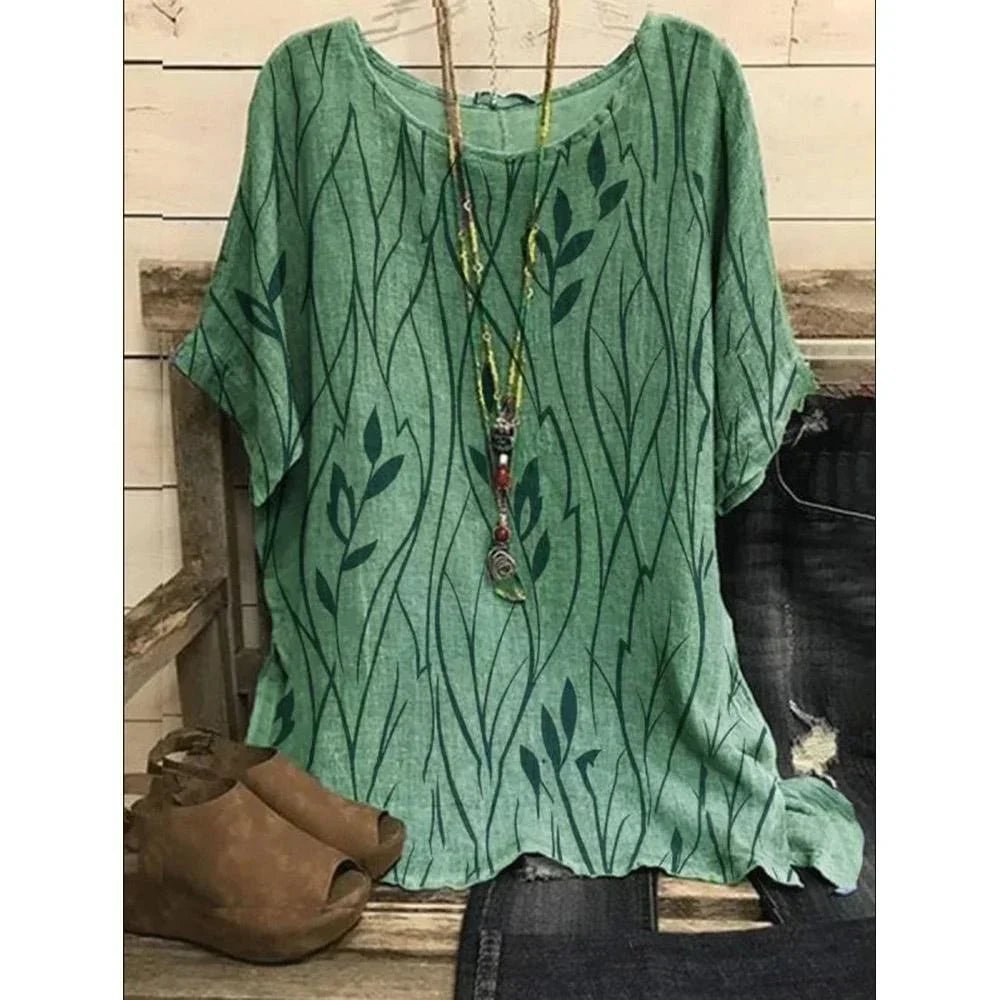 Plus Size Women’s Leaf Print Loose Blouse Casual Vintage T-Shirt Top - Bennys Beauty World