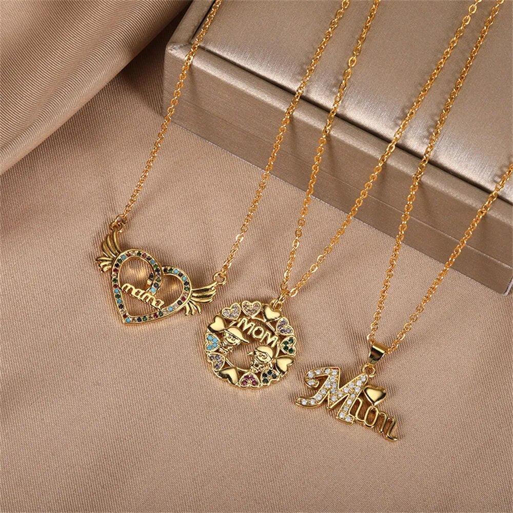 Aesthetic Colored Zircon Mom Mami Heart Pendant Necklaces-Necklace-Arlik interiors