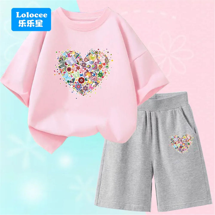 Girls Bow Cat Print T-Shirt &amp; Shorts Set | 2-Piece Summer Outfit | Ages 3–14