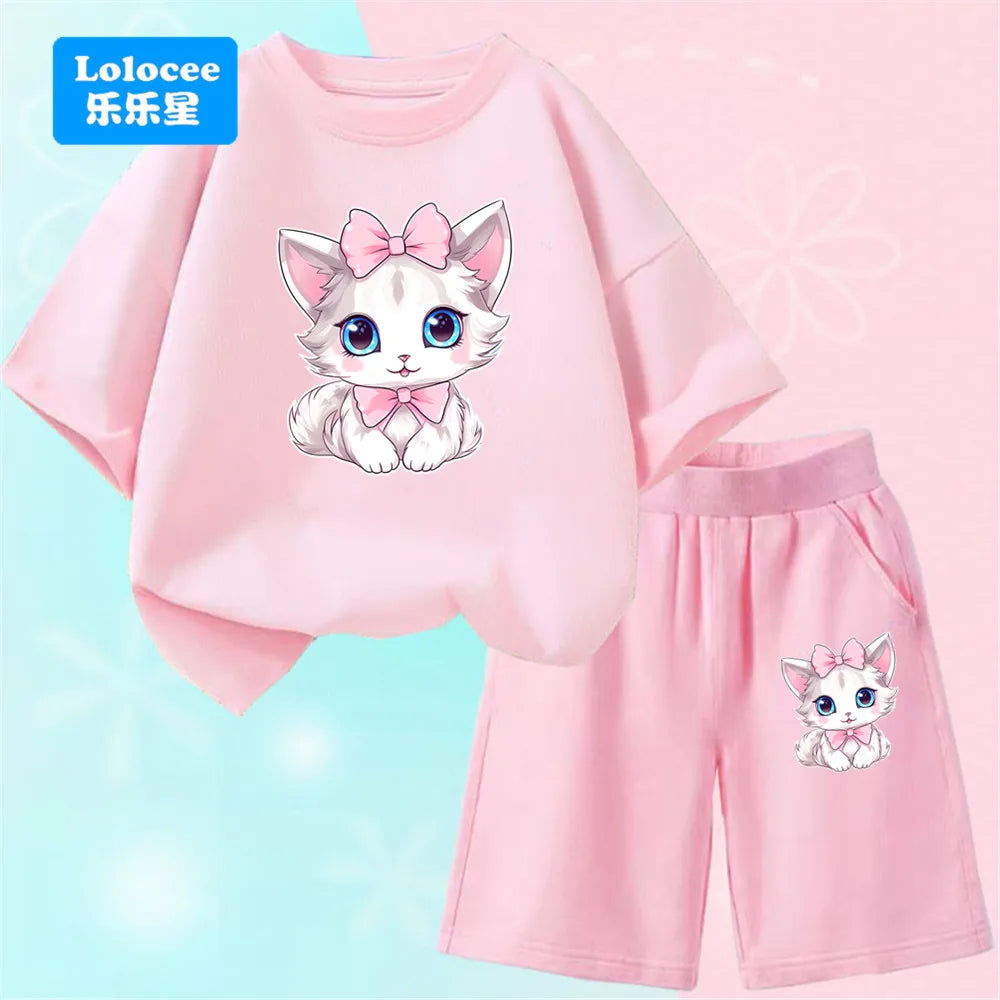 Girls Bow Cat Print T-Shirt &amp; Shorts Set | 2-Piece Summer Outfit | Ages 3–14
