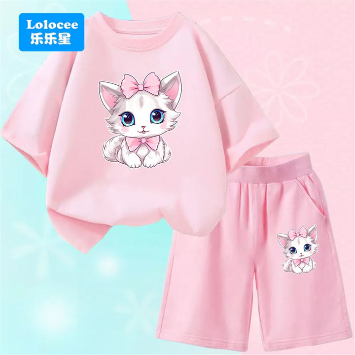 Girls Bow Cat Print T-Shirt &amp; Shorts Set | 2-Piece Summer Outfit | Ages 3–14