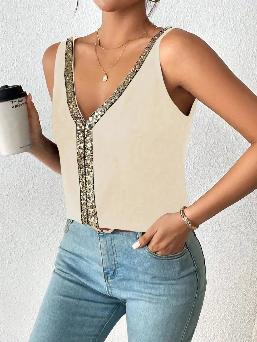 Women's Tank Top With Suspender V-neck Khaki Blouse