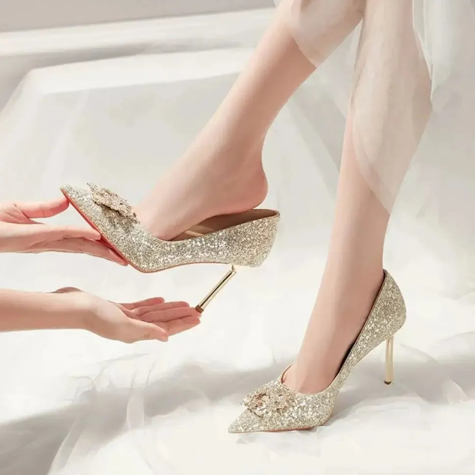 Women's Crystal Sequin Pointed Toe Pumps | Gold & Silver Heels-Shoes-Bennys Beauty World