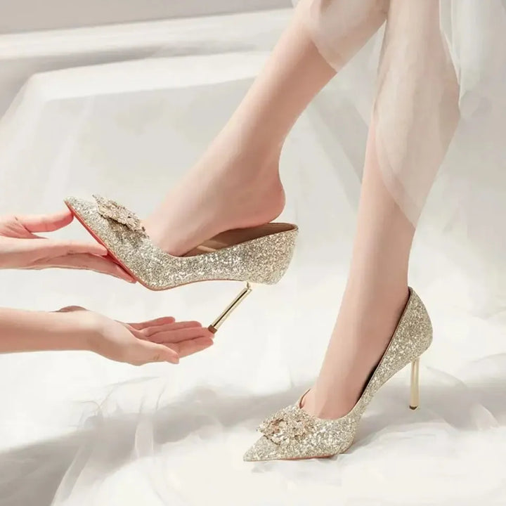 Women's Crystal Sequin Pointed Toe Pumps | Gold & Silver Heels-Shoes-Bennys Beauty World