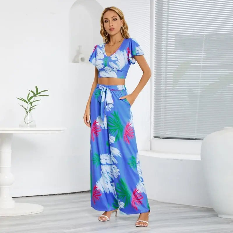 Women's summer V-neck lantern sleeve short top high waisted wide leg pants fashion casual set