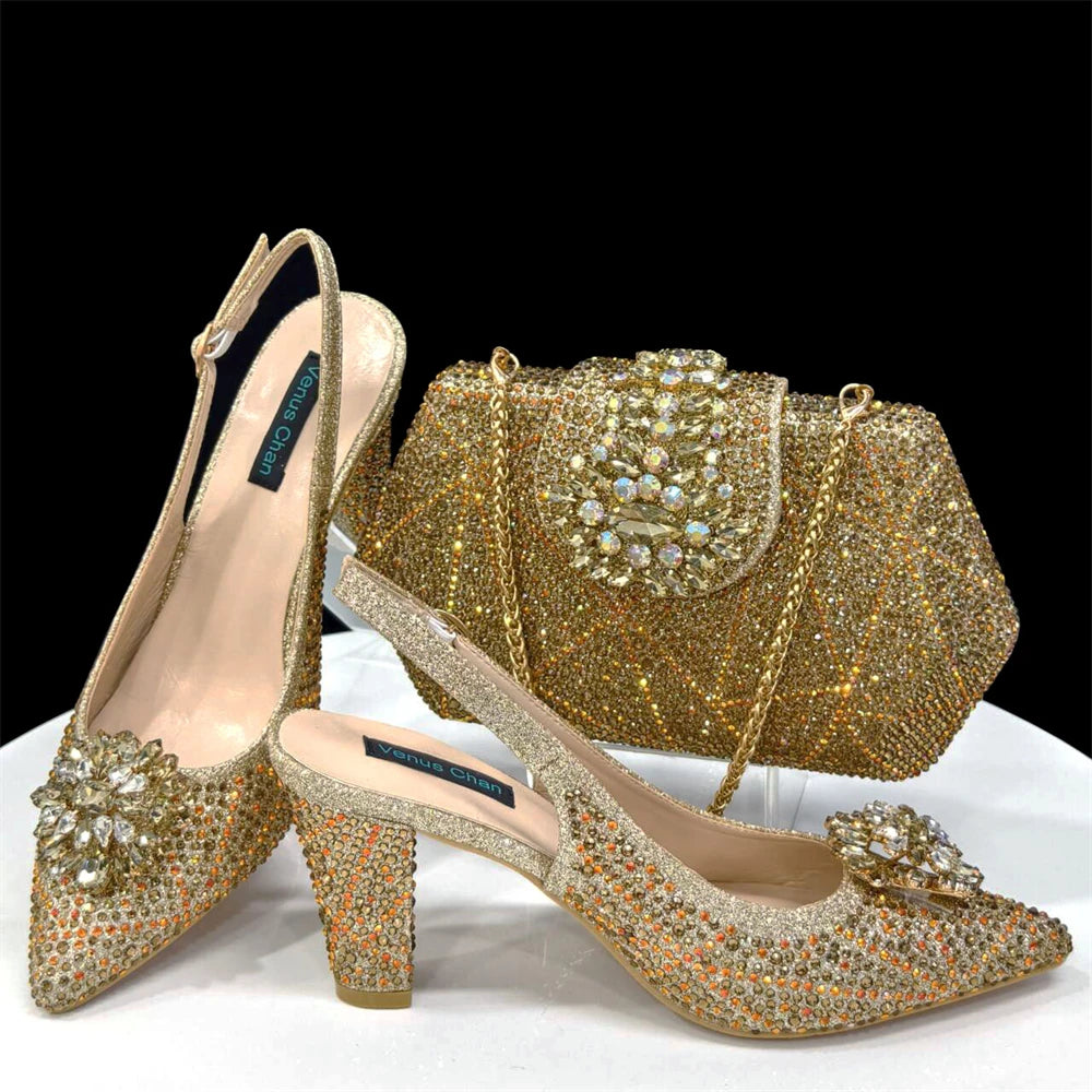 Ladies Italian Design Shoes And Bag Set Decorated with Rhinestone