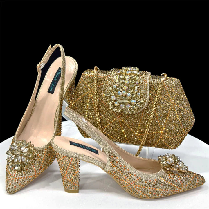 Ladies Italian Design Shoes And Bag Set Decorated with Rhinestone