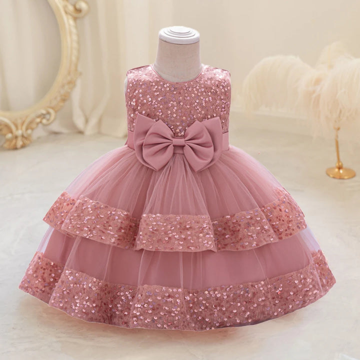 Sequin Bow Baby Girls Party Dresses Toddler 1st Birthday Baptism Dress