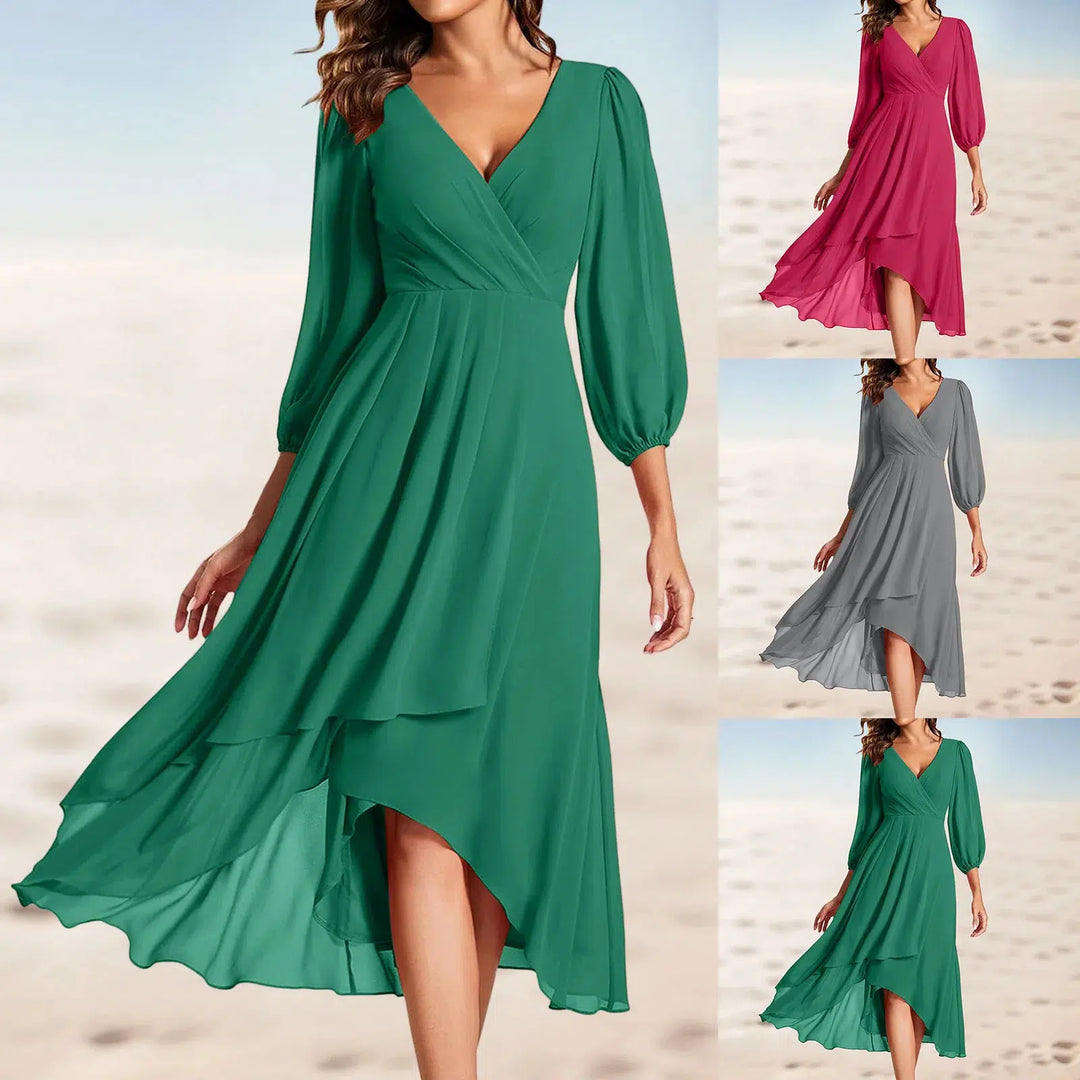 Elegant Evening Dresses Ruffles Sleeve Pleated V-Neck Midi Dress-Dresses-Bennys Beauty World