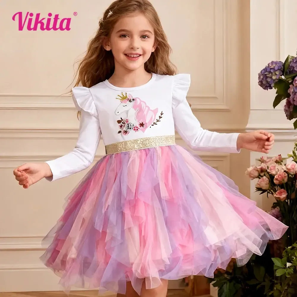 VIKITA Kids Long Sleeve Autumn Spring Dress Girls Licorne Flower Print Cartoon Dress Girls Irregular Mesh Tulle Princess Dresses-Bennys Beauty World