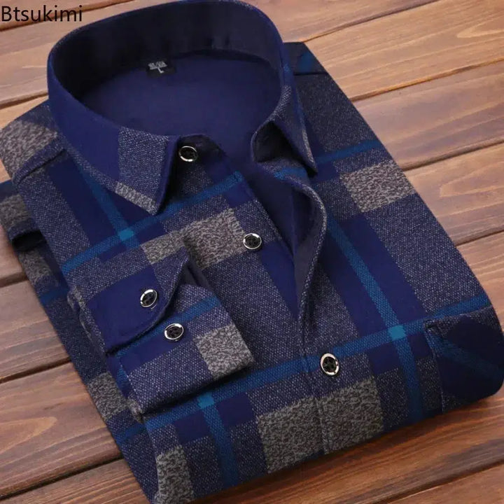 Mens Winter Warm Long Sleeve Plaid Shirts