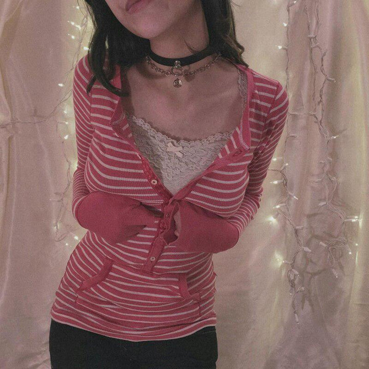 Vintage Knitted Sweater Cutest V Neck Long Sleeve Stripe Jumper-blouse-Bennys Beauty World