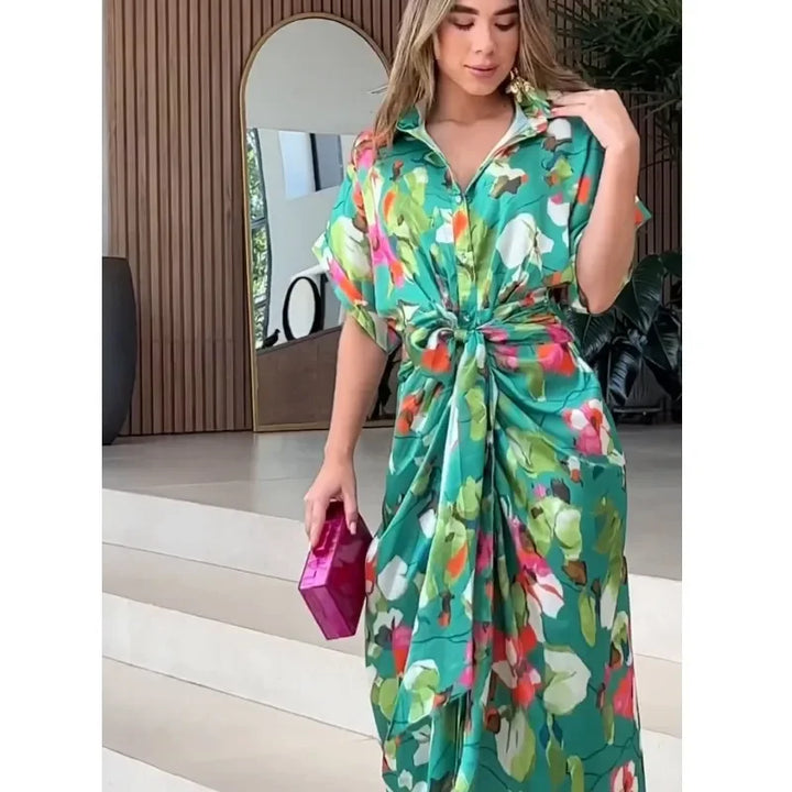 Women Dresses Short Sleeve Turn Down Collar Dress-Dresses-Bennys Beauty World