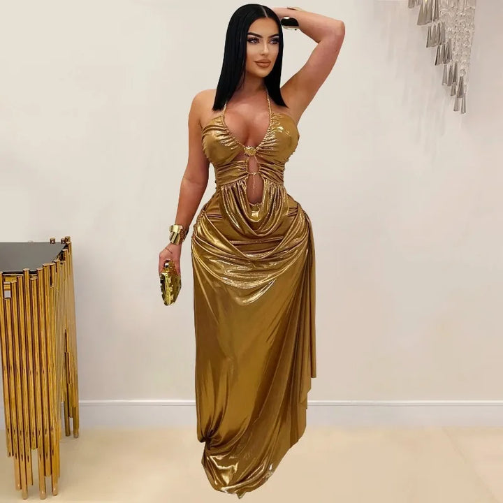 Gold Metallic Halter Backless Ruched Maxi Dress