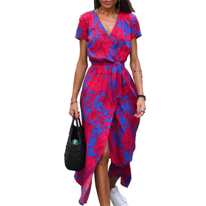 Women's Midi Dress V-neck Short Sleeve Floral Print Dress-Dress-Bennys Beauty World