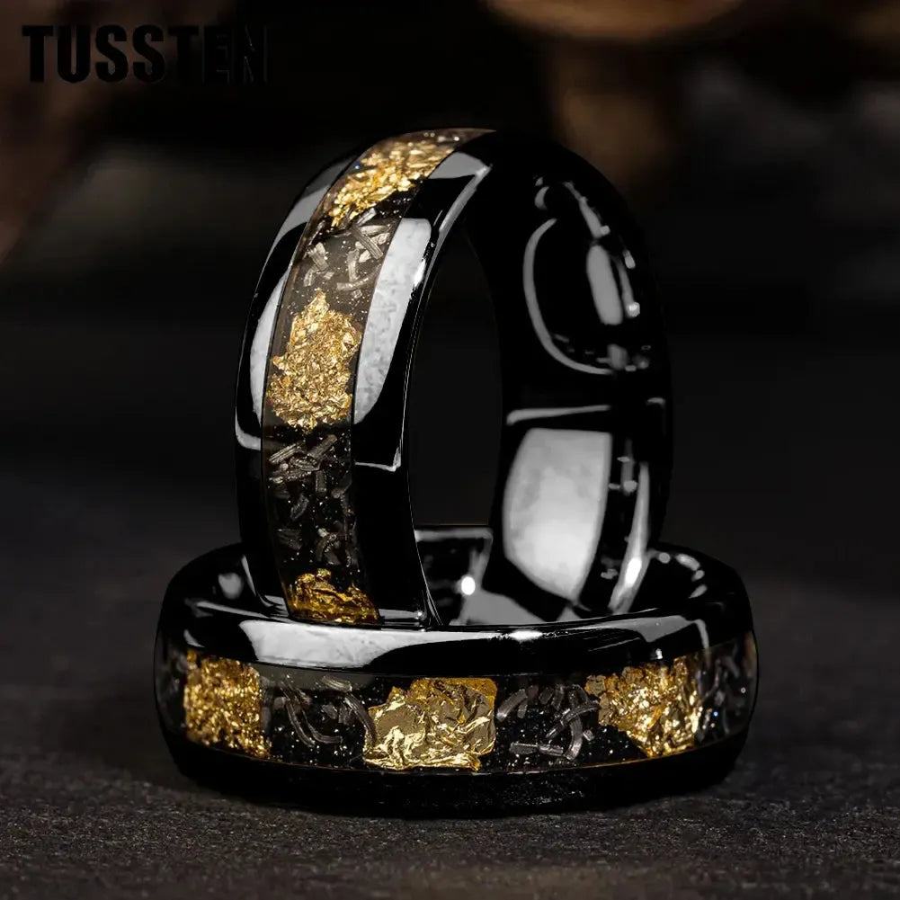TUSSTEN Tungsten Carbide Wedding Band Ring – 4/6/8MM Dome Edge with Meteorite &amp; Gold Foil Inlay-Bennys Beauty World