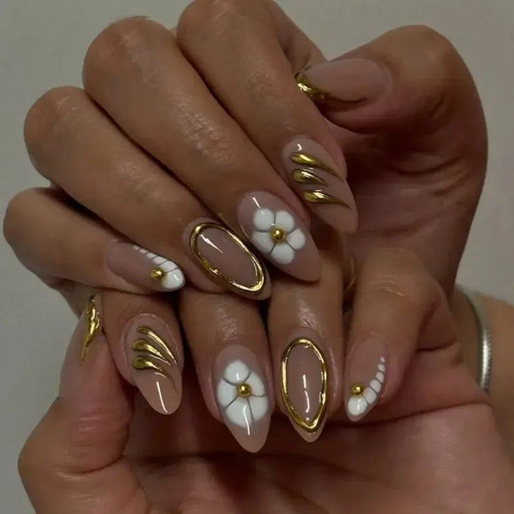 Gradient Pink Almond Press-On Nails – 24 Pcs Flower &amp; Pearl Design False Nails-Nails-Bennys Beauty World