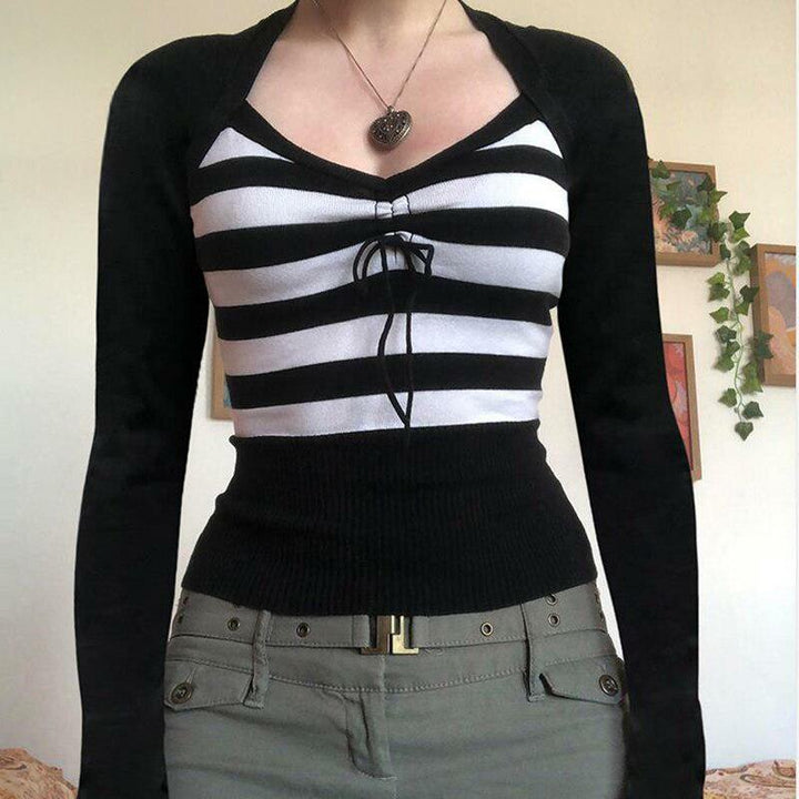 Vintage Knitted Sweater Cutest V Neck Long Sleeve Stripe Jumper-blouse-Bennys Beauty World