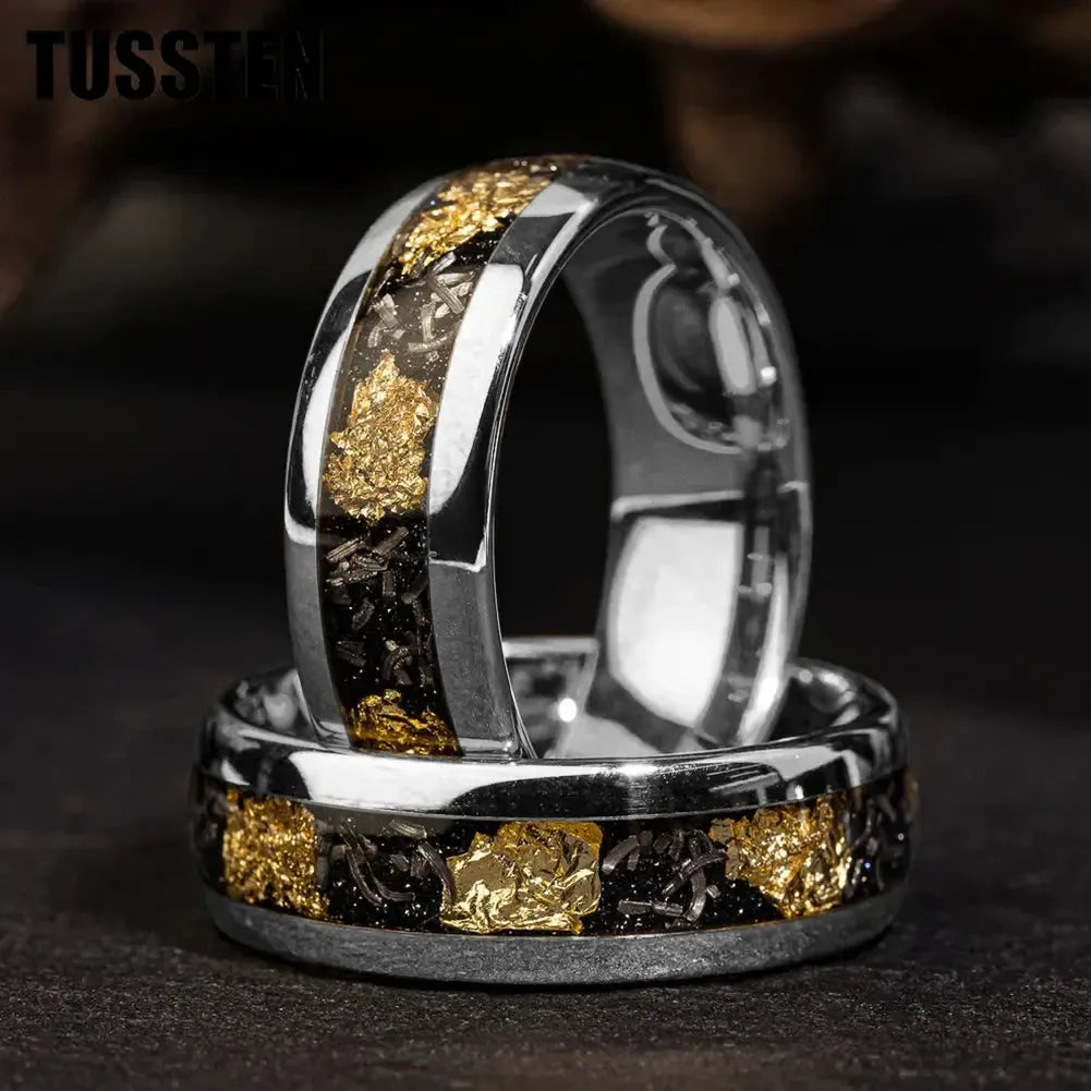 TUSSTEN Tungsten Carbide Wedding Band Ring – 4/6/8MM Dome Edge with Meteorite &amp; Gold Foil Inlay-Bennys Beauty World